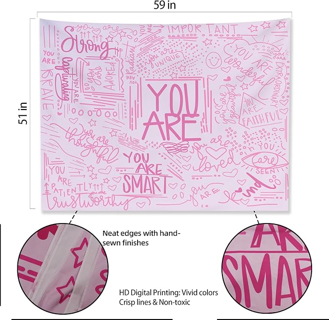 KJHL Quote You Are Wall Tapestry Pink Inspirational Classroom Kids Tapestries Wall Hanging Motivational Positive Affirmations Saying Aesthetic Tapestry for Bedroom Dorm