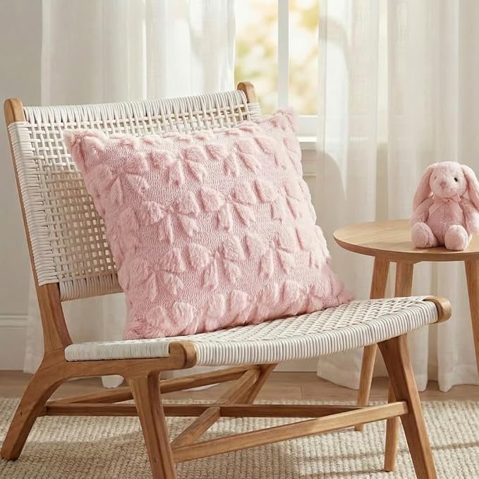 AVOIN colorlife Pink Spring Bow Throw Pillow Covers Set of 2, 20 x 20 Inch Coquette Aesthetic Room Decor Soft Plush Faux Fur Cushion Case for Girls Room