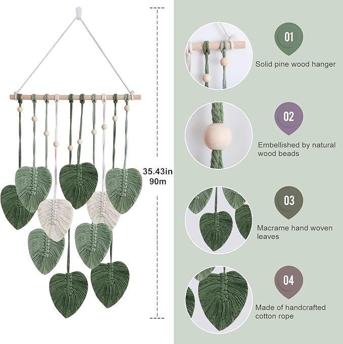 EaseMyKit Macrame Wall Hanging Leaves Tapestry, Boho Wall Decor Woven Feather Handmade Yarn Tassels Leaf Wall Art Decorations for Nursery, Bedroom, Office,Living Room,16x26 Inch(Green)