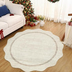 GarveeHome Scalloped Round Area Rugs, Washable Small Round Rug 3 ft Non-Slip Nursery Rug, Christmas Soft Solid Beige Circle Low Pile Stain Resistant Carpet for Bedroom Entryway Kitchen Bathroom