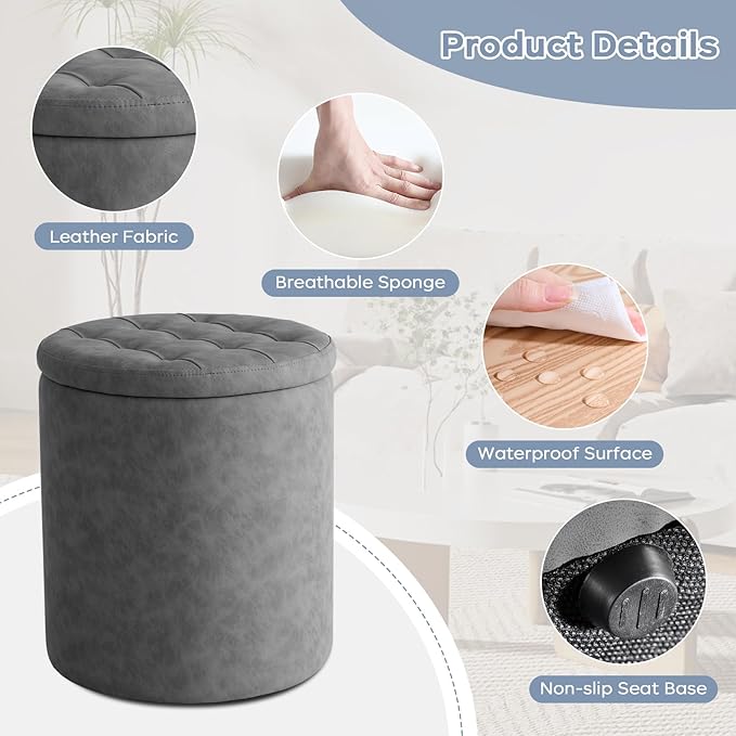12.6" W x 14.17" H & 14.76" W x 17.32" H Storage Ottoman Foot Stool for Couch, Nesting Round Vanity Stools Padded Ottomen, Leather Set of 2 Footrest for Living Room,Grey