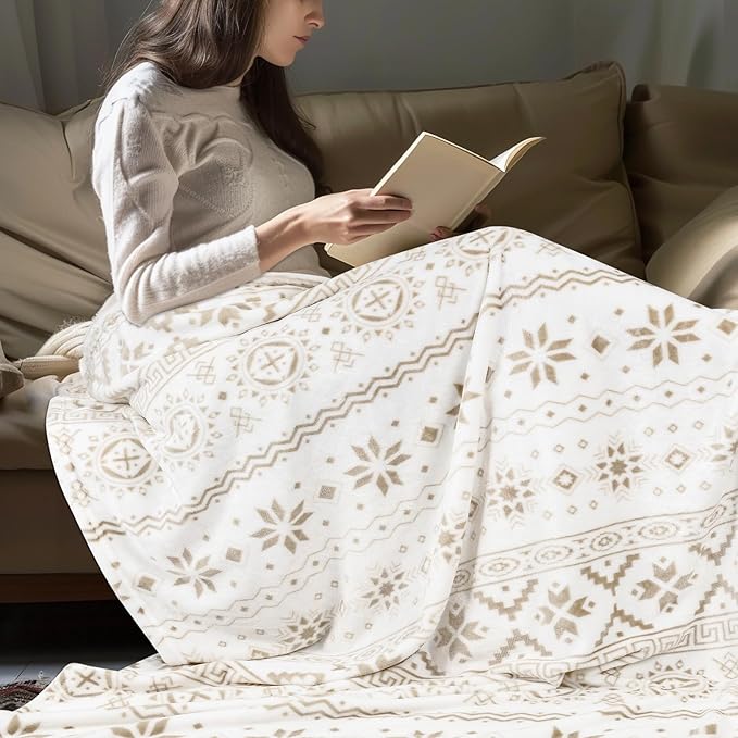 MACEVIA Flannel Boho Blanket for Couch, Country Western Aztec Blanket for Home Decor, Southwestern Throw Blankets with Tassel, Soft Cozy Printed Bohemian Blankets for Bed (Boho Beige02, 50x60inches)
