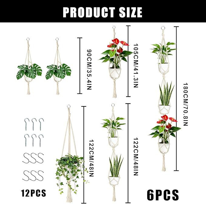 6Pcs White Macrame Plant Hanger Set Different Tiers Hanging Plant Holders Indoor Plant Hangers from Ceiling Hanging Planter Basket Cotton Rope with S Hooks and Hook Nails Boho Home Decor