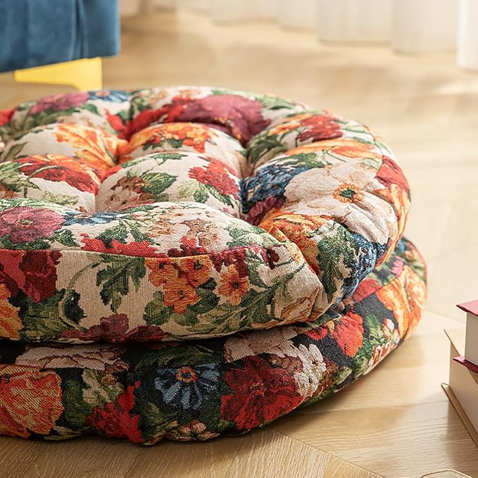Round Bohemian Floor Pillow, Meditation Floor Seat Cushion, Large Soft Cotton Linen Pillows for Yoga Living Room Balcony Outdoor Tatami, 22x22 Inches (Yellow Round)