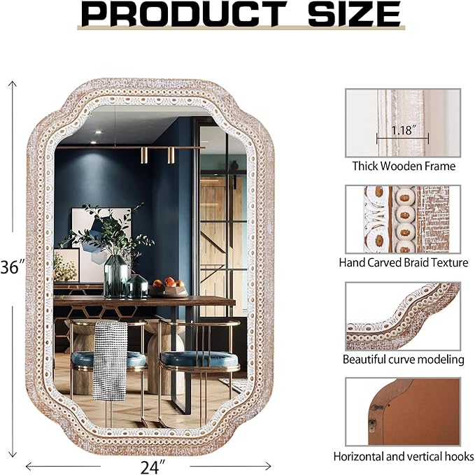 36x24'' Rustic Farmhouse Decorative Wall Mirrors for Entryway - Boho Wooden Scalloped Accent Mirror for Bathroom Over Sink, Foyer, Hallway - Vertical/Horizontal
