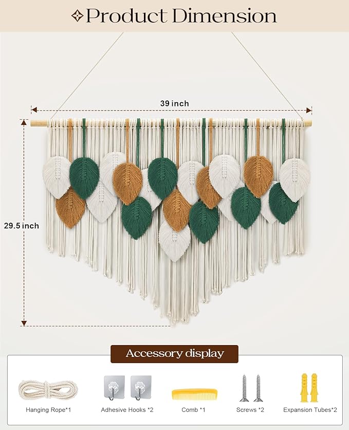 Tempospark Large Macrame Tapestry Wall Hanging, Boho Leave Tassels Tapestries Wall Decor for Living Room, Bedroom, Dining Room, Nursery, Hallway, Balcony