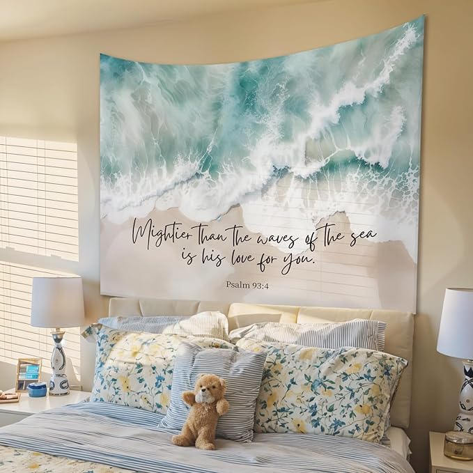 STHTTSW Christian Ocean Coastal Tapestry, Mightier Than the Waves of the Sea Bible Verse Tapestries, Religious Psalm 93:4 Wall Hanging Decor for Nursery Church Prayer Room Home Office, 50x60 Inch