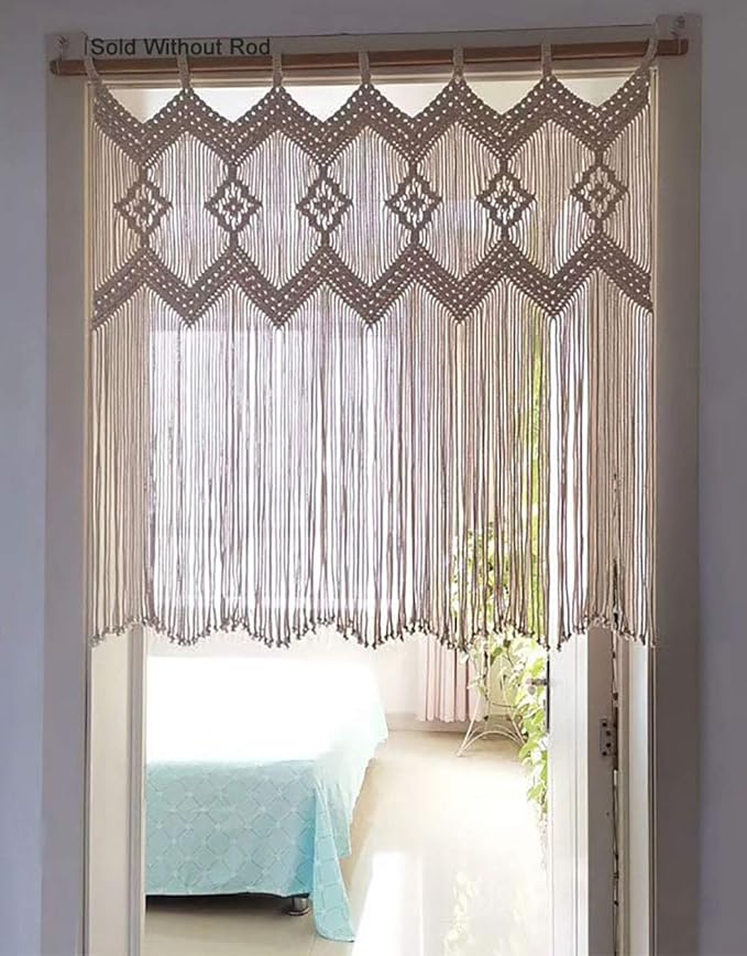 Macrame Doorway Curtains Wall Hanging Window Curtain Panels Closet Room Divider Boho Wedding Decor Backdrop Macrame Valance Boho Kitchen Valance (Ivory White, 33.4''W x 35.4''H)