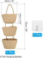 PATIKIL Over the Door Basket, 3 Tier Cotton Rope Woven Hanging Basket Wall Mounted Storage Organizer for Kitchen Bedroom Living Room, Khaki