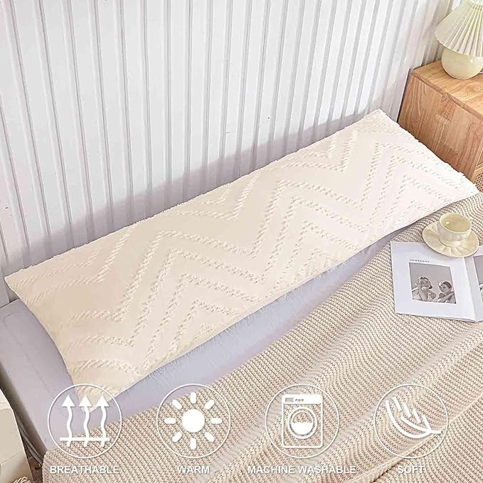 Nanko Body Pillow Case Cover 1 Pack 20x54 with Zipper, Beige Tufted Jacquard Boho Soft Shabby Chic Microfiber Long Decorative Pillow Covers/Pillow Shams, Comfortable Body Pillowcase for Women Men