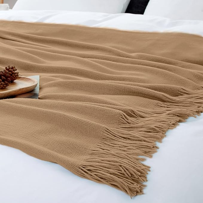 Vonty Light Brown Knitted Blanket with Tassels Fringe 50" x 60", Super Soft Knit Throw Blanket, Farmhouse Decorative Lightweight Blanket for Couch, Sofa, Bed