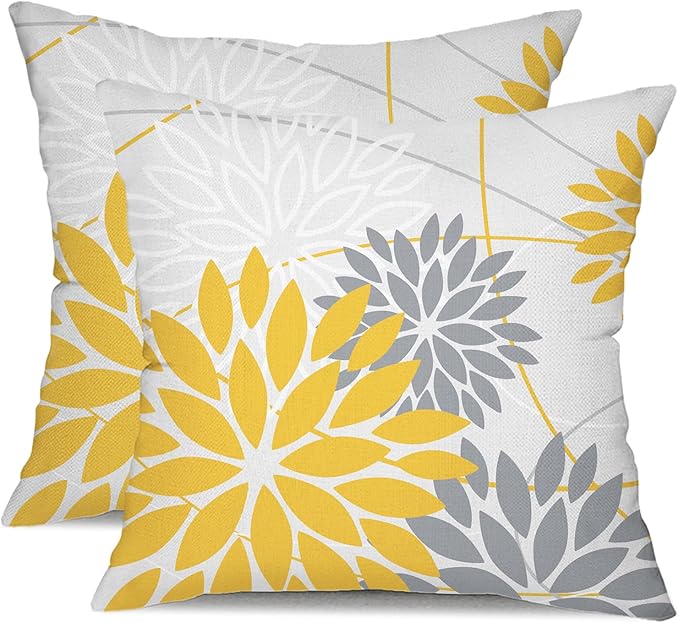 DFXSZ Yellow and Grey Floral Pillow Covers 20x20 Set of 2 Outdoor Waterproof Decorative Throw Pillows Summer Pillow Covers Polyester Cushion Case Decor for Couch Patio Funiture Garden Porch 01Z20