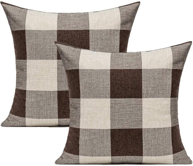 VAKADO Brown Beige Outdoor Farmhouse Buffalo Plaids Decorative Throw Pillow Covers Retro Checked Square Cushion Cases Classic Coffee Check Home Decor for Couch Sofa Patio 18x18 Inch Pack of 2