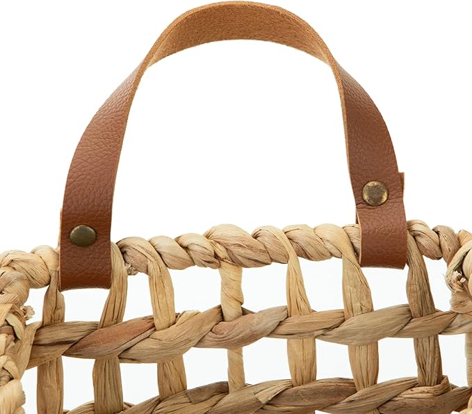 Water Hyacinth Hanging Wall Basket with Faux Leather Strap, Handwoven Boho Hanging Baskets, Wall Baskets for Indoor Outdoor Plant Flower Storage & Home Decor (2)