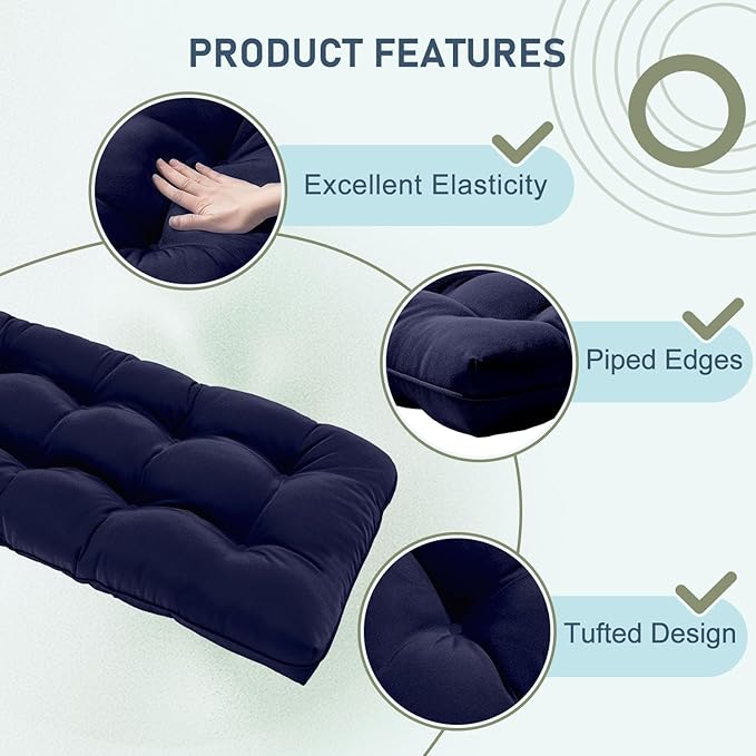downluxe Outdoor Bench Cushion for Patio Furniture, Water Resistant Tufted Overstuffed Porch Swing Cushions, Thick Outdoor Loveseat Cushions, 48" X 18" X 5", Navy, Set of 1