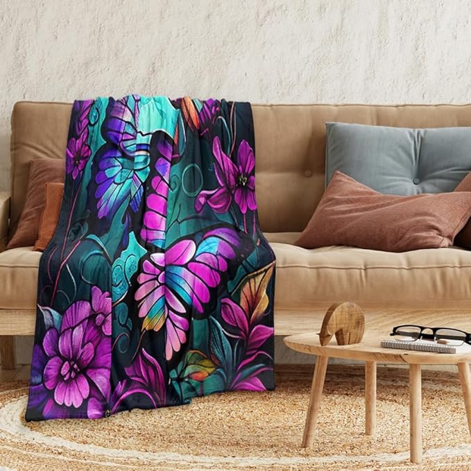 Butterfly Neon Throw Blankets for Women Farmhouse Blue Purple Colorful Butterflies Fleece Bed Blankets Ultra Soft Warm All Season Decorative Fleece Blankets for Chair Car Sofa Couch 40"X50"