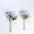 Macrame Wall Hanging with Artificial Flowers, Wall Decorative Art, Handwoven Cotton RopeTapestry, Woven Tassels Boho Home Decoration,8x23 Inches, Set of 2 (Blue Fake Flower)
