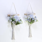Macrame Wall Hanging with Artificial Flowers, Wall Decorative Art, Handwoven Cotton RopeTapestry, Woven Tassels Boho Home Decoration,8x23 Inches, Set of 2 (Blue Fake Flower)