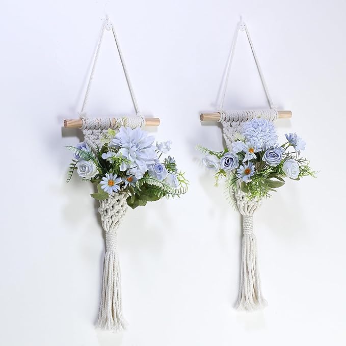 Macrame Wall Hanging with Artificial Flowers, Wall Decorative Art, Handwoven Cotton RopeTapestry, Woven Tassels Boho Home Decoration,8x23 Inches, Set of 2 (Blue Fake Flower)