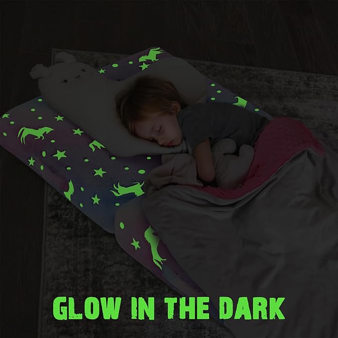 MeMoreCool Glow Rainbow Unicorn Foldable Floor Mattress for Kids, Trifold Nap Mat for Toddlers, Portable Daycare Sleeping Futon or Floor Bed, 63x26 Inch