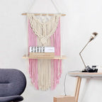 HVEST Pink Macrame Wall Hanging Shelf Boho Wall Decor Floating Storage Book Shelf Pink and Beige Handmade Woven Tapestry for Bedroom Living Room Dorm Nursery Bathroom Wall Art Macrame Plant Hanger