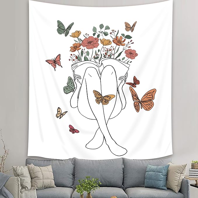 SVBright Abstract Woman Fabric Wall Hanging Tapestry 51Wx59H Inch Butterfly Floral Reading Book Leaves Aesthetic Modern Simple Line Sketch Minimalist Boho Home Decor Art for Living Room Bedroom Dorm