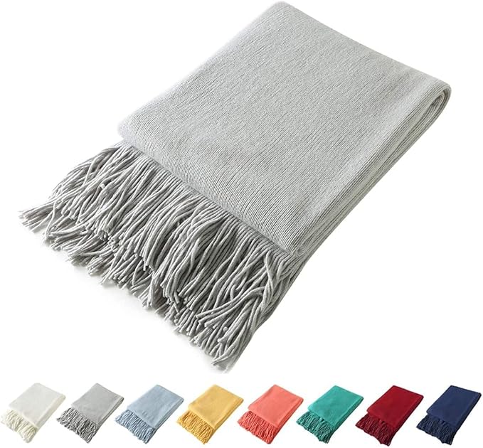 Homiest Decorative Knitted Throw Blanket with Fringe - Lightweight Acrylic Knit Blanket Soft & Cozy Tassel Blanket for Couch Sofa Bed - Light Grey, 60 x 80 Inch
