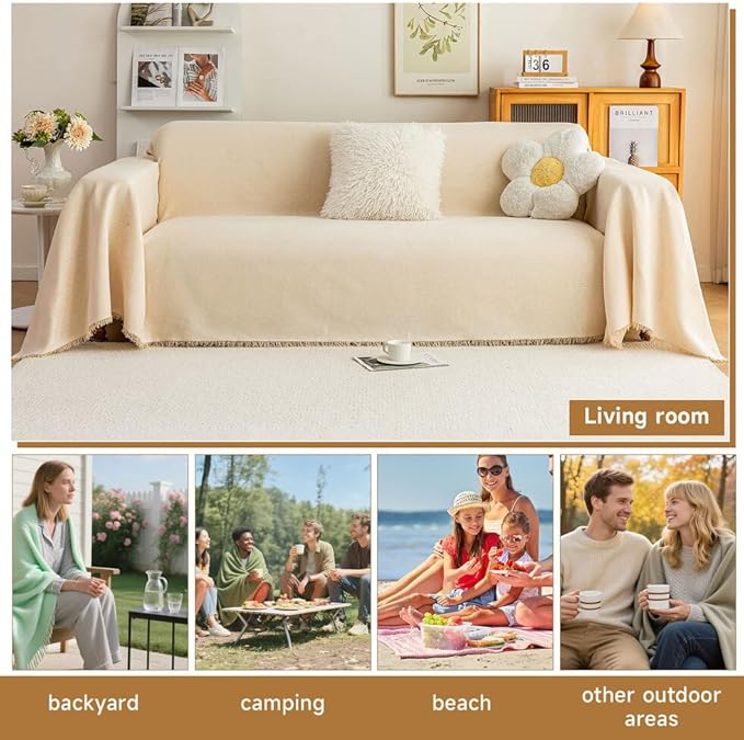 ROOMLIFE Boho Beige Couch Cover for Dogs, Washable Non Slip Furniture Protector Couch Sofa Covers for 3 Cushion Couch, Soft Breathable Sofa Slipcovers Couch Cover Throw Blanket with Tassels71''X150''