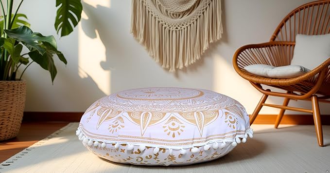 CRAFT KALA 22" Round Mandala Comfort Meditation Floor Pillow Cover, Large Pillows Seating Cover for Adults, Cushions Cover for Outdoor Yoga Fireplace Living Room Ottoman Cover White Gold Trishul