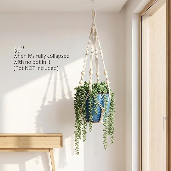 Macrame Plant Hanger 35", Set of 2 No Tassel Hanging Plant Holder, Sturdy Flower Pot Holder with 4 Hooks - Ivory
