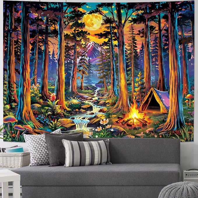 Racunbula Blacklight Fantasy Forest Tapestry UV Reactive Galaxy Space Moon Tapestry Trippy Pine Trees Wall Tapestries Nature Landscape Mountain River Tapestries Wall Hanging for Bedroom