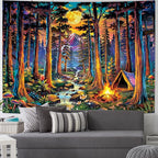 Racunbula Blacklight Fantasy Forest Tapestry UV Reactive Galaxy Space Moon Tapestry Trippy Pine Trees Wall Tapestries Nature Landscape Mountain River Tapestries Wall Hanging for Bedroom