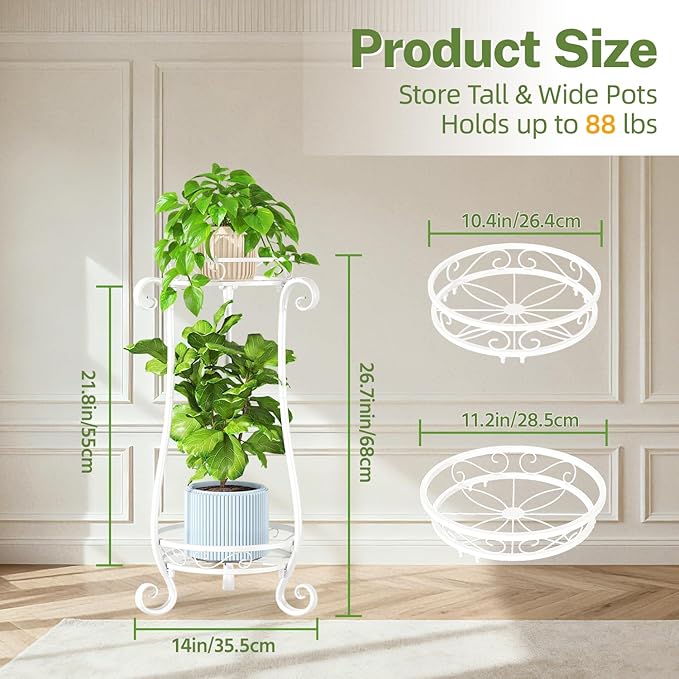 iDavosic.ly 2 Tier Metal Plant Stand Indoor Outdoor, Iron Corner Tall Flower Pot Holder Shelf, 27 Inch Vertical Heavy Duty Display Rack for Patio Porch Living Room Garden, White
