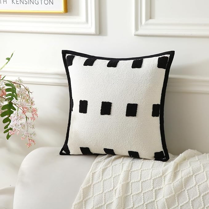 Boho Decorative Throw Pillows with Inserts, 18" x 18" Soft Tufted Modern Chenille Pillow, Pillows for Home, Patio, Couch, Bedroom, Living Room (Black Square - White Background)