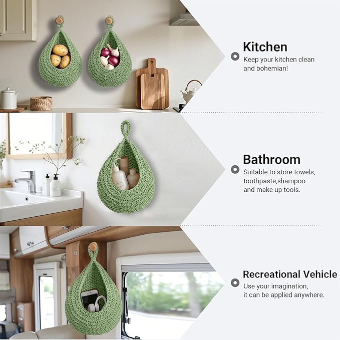 Halidali Hanging Fruit Baskets for Kitchen, 3 Pack Boho Cotton Rope Handwoven Vegetable Storage Wall Mounted Large Organizing Basket for Farmhouse Decor, Onion, Potato, Garlic and Plants (Green)