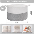 INDRESSME Large Storage Basket, 21.7'' x 13.8'' Cotton Rope Blanket Basket Living Room, Toy Organizers and Storage with Handles for Kids, Laundry Baskets for Clothes, Towel, 90L Grey