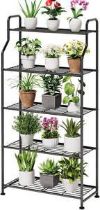 Kitsure Plant Stand Indoor & Outdoor - 5-Tier Metal Plant Shelf with Adjustable Leveling Feet, Easy to Assemble Planter Stand for Patio, Balcony, or Garden (Black, 27" x 11.4" x 53.9")