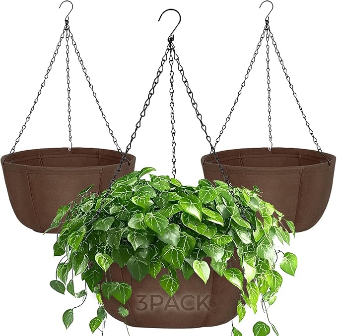 T4U Hanging Planters for Outdoor Plants, 3 Pack 10 Inch Hanging Baskets for Plants Outdoor with Rustproof Chain, Fabric Hanging Pots for Plants, Hanging Planter for Balcony Porch Deco, Brown