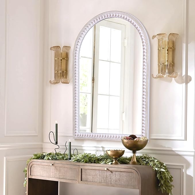 36x24 Inches Boho Arched Mirror for Wall Decor, Rustic Farmhouse Decorative Wooden Mirrors for Bathroom Over Sink, Living Room, Entryway, or Foyer