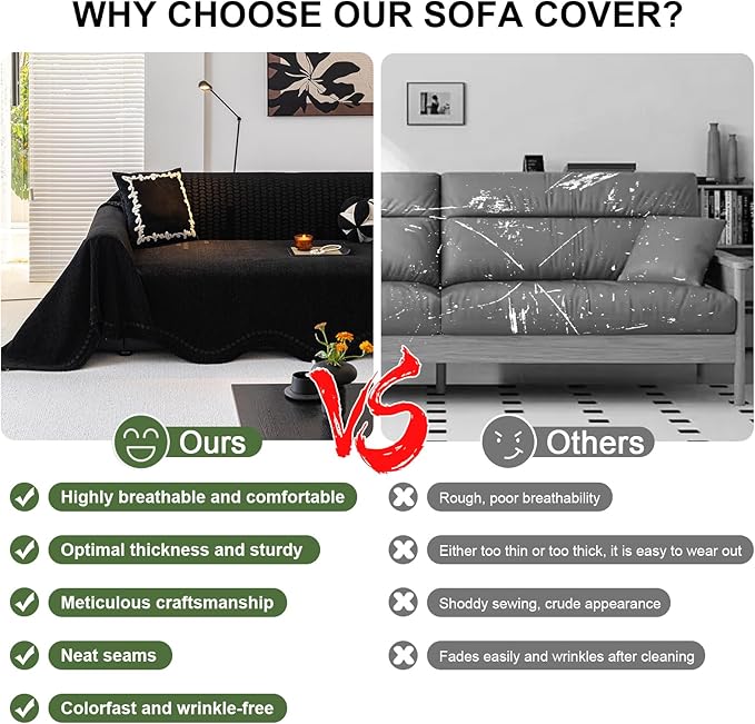 ROOMLIFE Black Sofa Cover, Vintage Boho Couch Cover for 3 Cushion Sofa, Non Slip Soft Chenille Sofa Slipcovers for Dog, Washable Furniture Sofa Protector Cover with Tassel for Living Room, 71''X118”