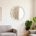 30 Inch Round Wall Mirror, Whitewashed Wooden Frame with Scalloped Edge & Beaded Trim, Decorative Farmhouse Boho Mirror for Bedroom, Bathroom, Living Room, Entryway