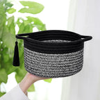 Small Round Gift Baskets with Handles Set 2, SweetMemo Little Empty Gifts Basketsl, Cute Woven Cotton Rope Storage Bins for Men, Desk, Plant, Bathroom, Decorative, Pre-Shaped, Two Pack - Black Gray