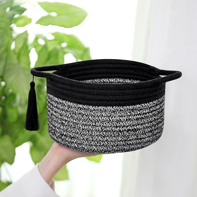Small Round Gift Baskets with Handles Set 2, SweetMemo Little Empty Gifts Basketsl, Cute Woven Cotton Rope Storage Bins for Men, Desk, Plant, Bathroom, Decorative, Pre-Shaped, Two Pack - Black Gray