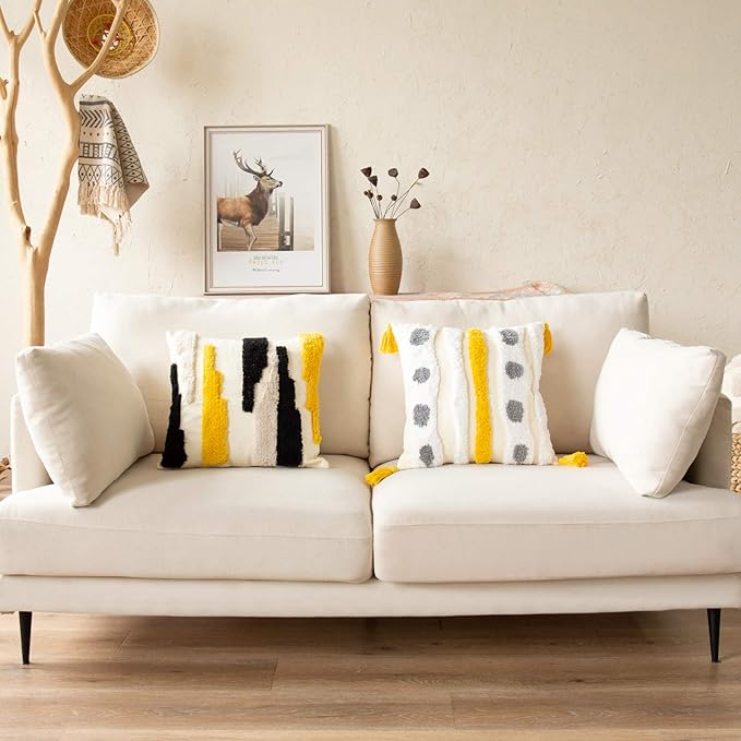 Woven Tufted Farmhouse Boho Throw Pillow Cover, Modern Decorative Multi Color Geometric Stripes Pillowcase with Tassels for Couch Sofa Bedroom Living Room, 18 x 18 Inches, Ivory, White, Yellow, Grey