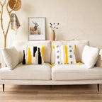 Woven Tufted Farmhouse Boho Throw Pillow Cover, Modern Decorative Multi Color Geometric Stripes Pillowcase with Tassels for Couch Sofa Bedroom Living Room, 18 x 18 Inches, Ivory, White, Yellow, Grey