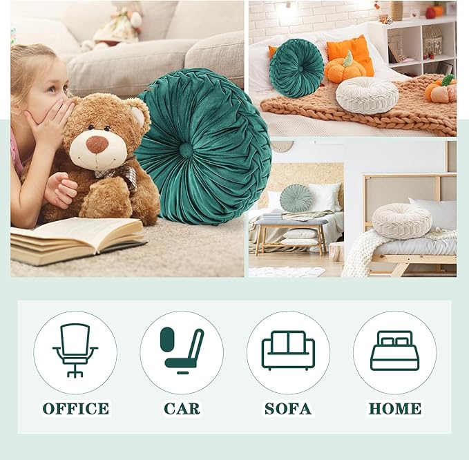 Round Throw Pillows Decorative Pleated Throw Pillows 15'' Diameter Accent Pumpkin Boho Chair Cushion for Couch Sofa Home Decoration(White, Light Green, Green,3 Pcs)