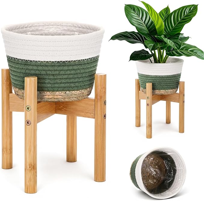 Remerry Plant Basket with Stand, Cotton Rope and Wicker Plants Baskets Indoor with Plastic Liner and Stand, Green White Woven Flower Pot for Indoor Home Living Room Floor Potted Decor(8inch)