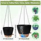 Self-Watering Hanging Planters with Water Level Window, 8/10 Inch Indoor Outdoor Hanging Plant Pots Includes Chain Hangers with Drainage Holes & Detachable Reservoir (Black, 8+10 inch)