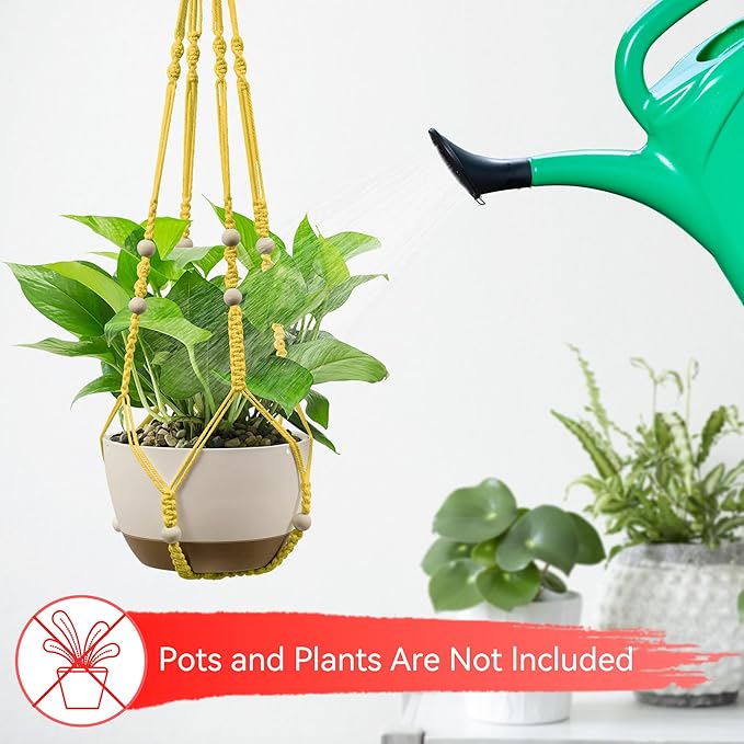 USLAI Macrame Plant Hanger Indoor Outdoor, Up to 4-15 inch Pot, Heavy 20lb Planters, Extra Long Strong Hanging Planter Basket Holder, Boho Home Decor, 35+49 Inch, Yellow (POTS NOT Included)