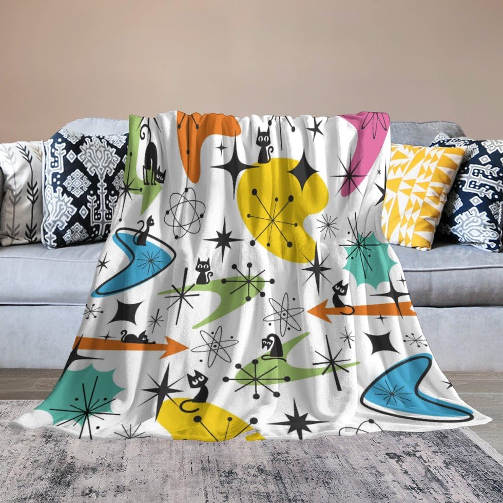 Mid-Century Abstract Art Blanket,Vintage Rustic 70s 60s Colourful Geometric Art Atomic Star Explosion Black Cat Blanket for Couch Sofa Bed Decorative Gifts 30x40 - color: Blanket-24, size: 30"x40"